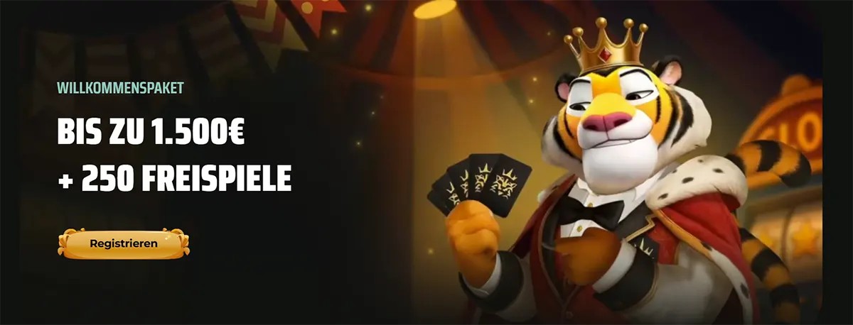 A German language banner for Royal Tiger casino featuring a crowned tiger mascot and a welcome package of up to 1.500€ plus 250 free spins.