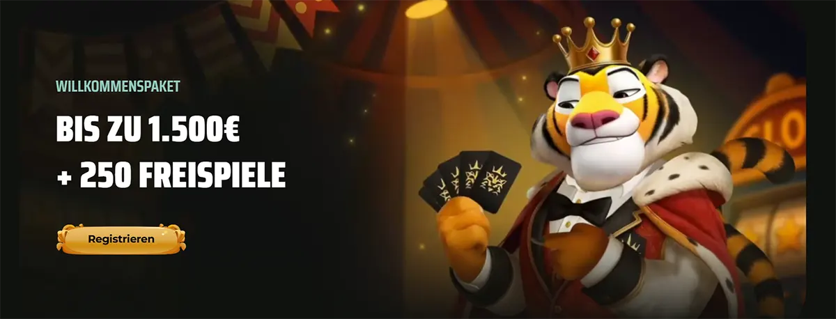 A German language banner for Royal Tiger casino featuring a crowned tiger mascot and a welcome package of up to 1.500€ plus 250 free spins.