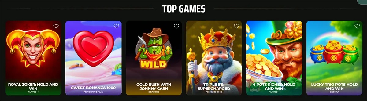 A selection of popular online slot games under the heading "TOP GAMES," featuring titles such as Royal Joker, Sweet Bonanza 1000, and Triple 5