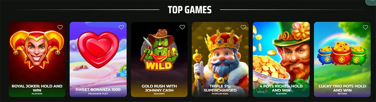 A selection of popular online slot games under the "TOP GAMES" heading, featuring titles like Royal Joker, Sweet Bonanza 1000, and Gold Rush with Johnny Cash.