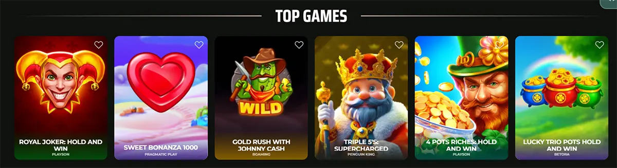 A selection of popular online slot games under the "TOP GAMES" heading, featuring titles like Royal Joker, Sweet Bonanza 1000, and Gold Rush with Johnny Cash.