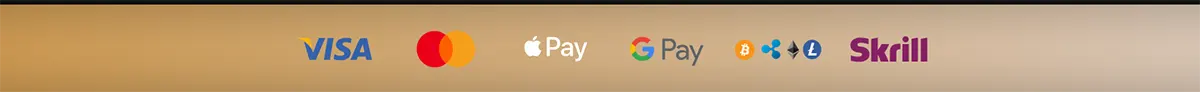 A row of secure payment method logos including Visa, Mastercard, Apple Pay, Google Pay, various cryptocurrencies, and Skrill on a gold gradient background.