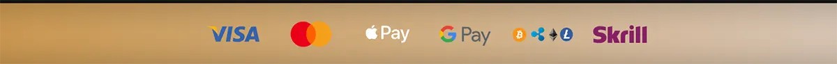 A row of secure payment method logos including Visa, Mastercard, Apple Pay, Google Pay, various cryptocurrencies, and Skrill on a gold gradient background.