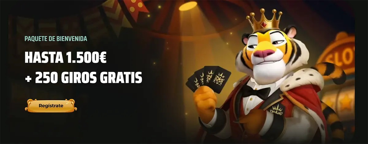 A Spanish language banner for Royal Tiger casino featuring a crowned tiger mascot and a welcome package of up to 1.500€ plus 250 free spins.