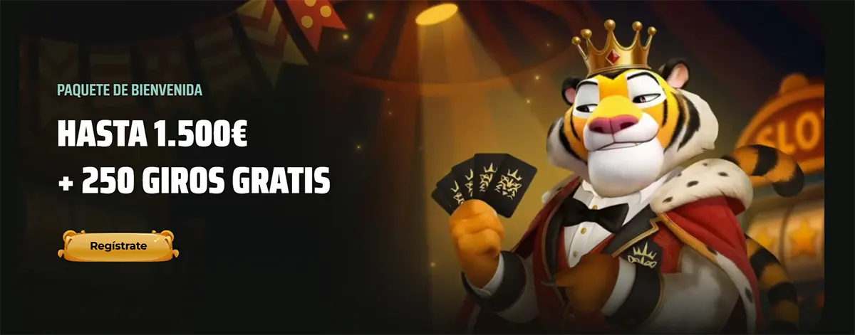 A Spanish language banner for Royal Tiger casino featuring a crowned tiger mascot and a welcome package of up to 1.500€ plus 250 free spins.