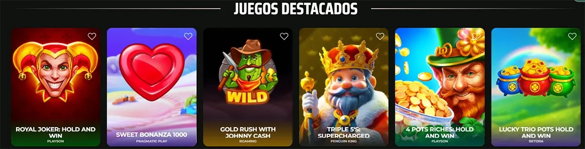 A Spanish selection of online slot games under the heading "JUEGOS DESTACADOS," featuring titles like Royal Joker, Sweet Bonanza 1000, and 4 Pots Riches.