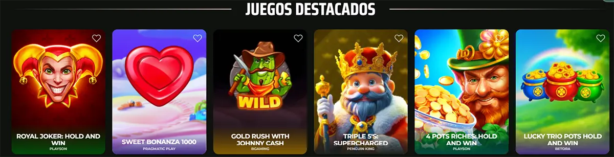 A Spanish selection of online slot games under the heading "JUEGOS DESTACADOS," featuring titles like Royal Joker, Sweet Bonanza 1000, and 4 Pots Riches.