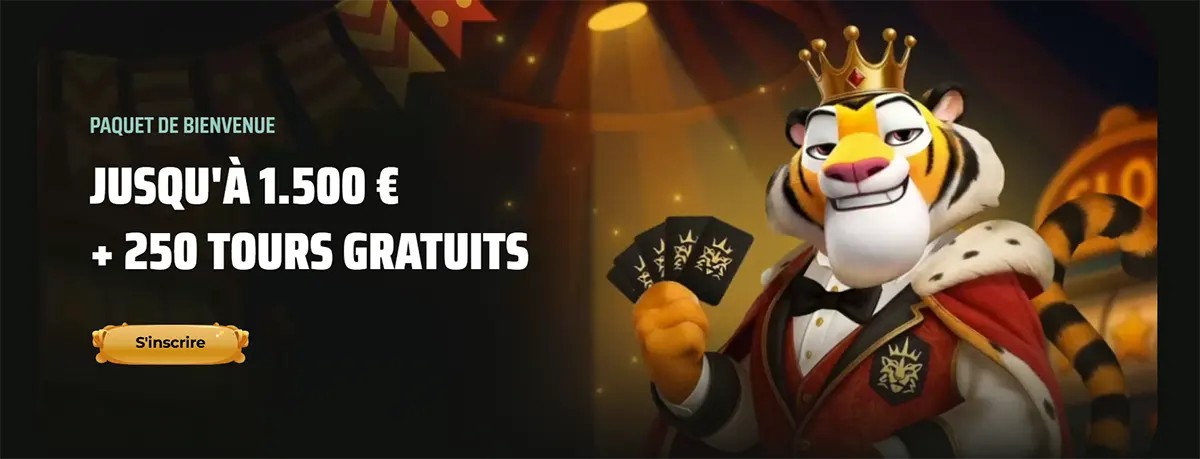 A French language banner for Royal Tiger casino featuring a crowned tiger mascot and a welcome package of up to 1.500 € plus 250 free spins.
