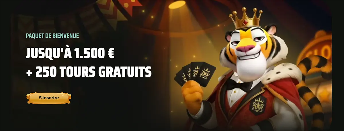 A French language banner for Royal Tiger casino featuring a crowned tiger mascot and a welcome package of up to 1.500 € plus 250 free spins.