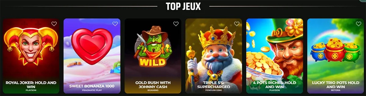 A French selection of top online slot games under the heading "TOP JEUX," featuring titles such as Royal Joker, Sweet Bonanza 1000, and Gold Rush with Johnny Cash.
