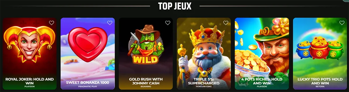 A French selection of top online slot games under the heading "TOP JEUX," featuring titles such as Royal Joker, Sweet Bonanza 1000, and Gold Rush with Johnny Cash.