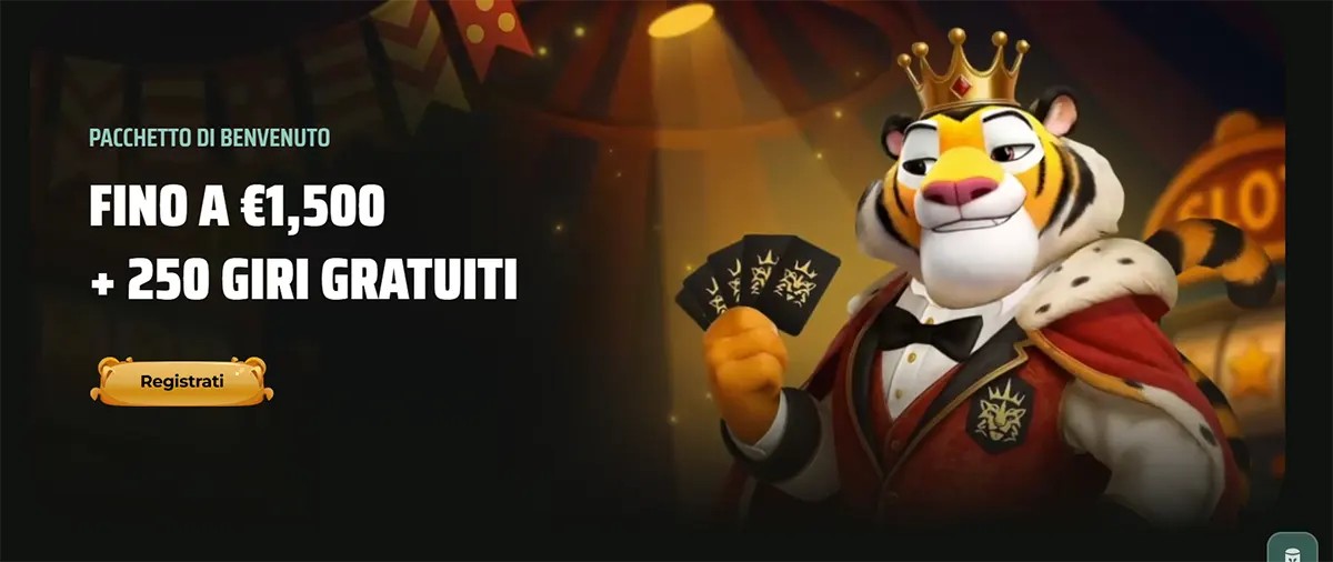 An Italian version of the Royal Tiger casino banner featuring a crowned tiger in a tuxedo with text offering a welcome bonus of up to €1,500 and 250 free spins.
