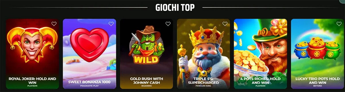 An Italian selection of popular online slot games under the heading "GIOCHI TOP," showcasing titles like Royal Joker, Sweet Bonanza 1000, and Triple 5