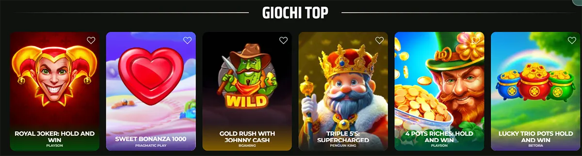 An Italian selection of popular online slot games under the heading "GIOCHI TOP," showcasing titles like Royal Joker, Sweet Bonanza 1000, and Triple 5's.
