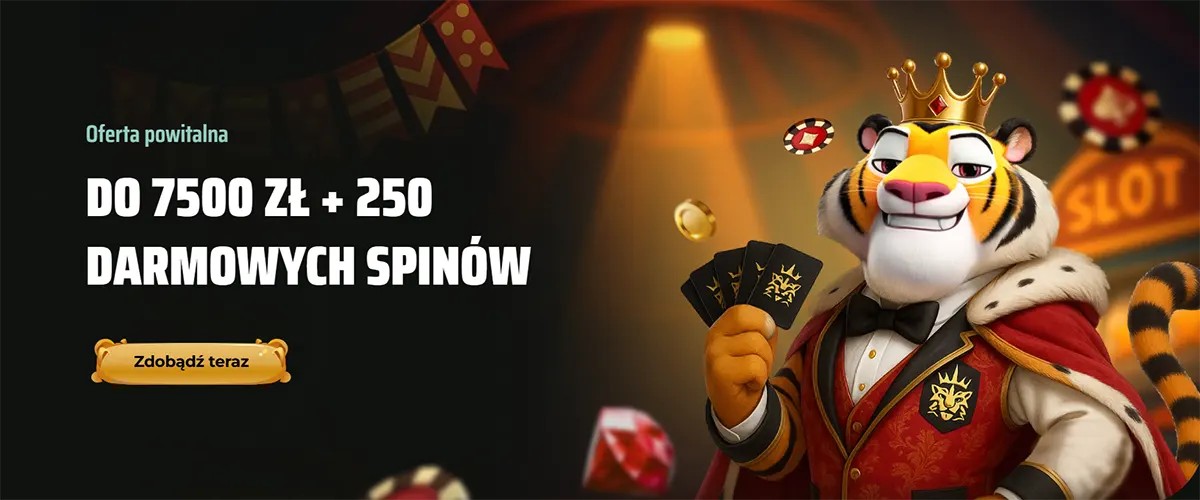 Polish language banner for Royal Tiger casino featuring a crowned tiger mascot and a welcome package of up to 7500 ZŁ plus 250 free spins.