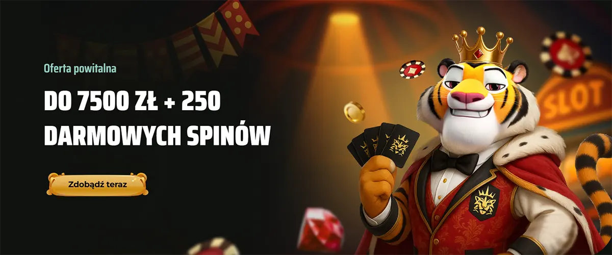 Polish language banner for Royal Tiger casino featuring a crowned tiger mascot and a welcome package of up to 7500 ZŁ plus 250 free spins.