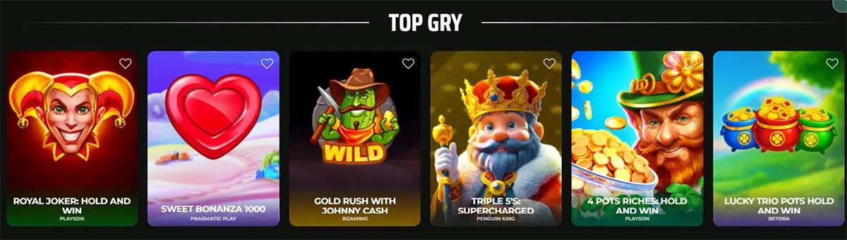 A Polish selection of top online slot games under the heading "TOP GRY," featuring titles like Royal Joker, Sweet Bonanza 1000, and Triple 5