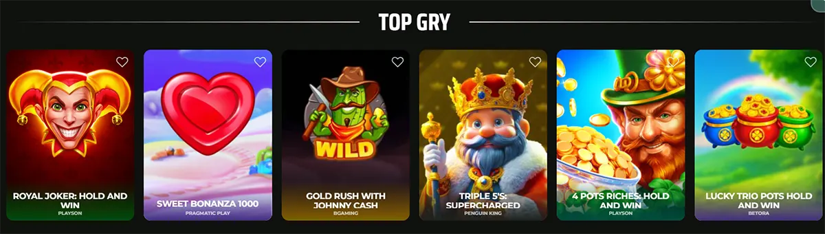 A Polish selection of top online slot games under the heading "TOP GRY," featuring titles like Royal Joker, Sweet Bonanza 1000, and Triple 5's.