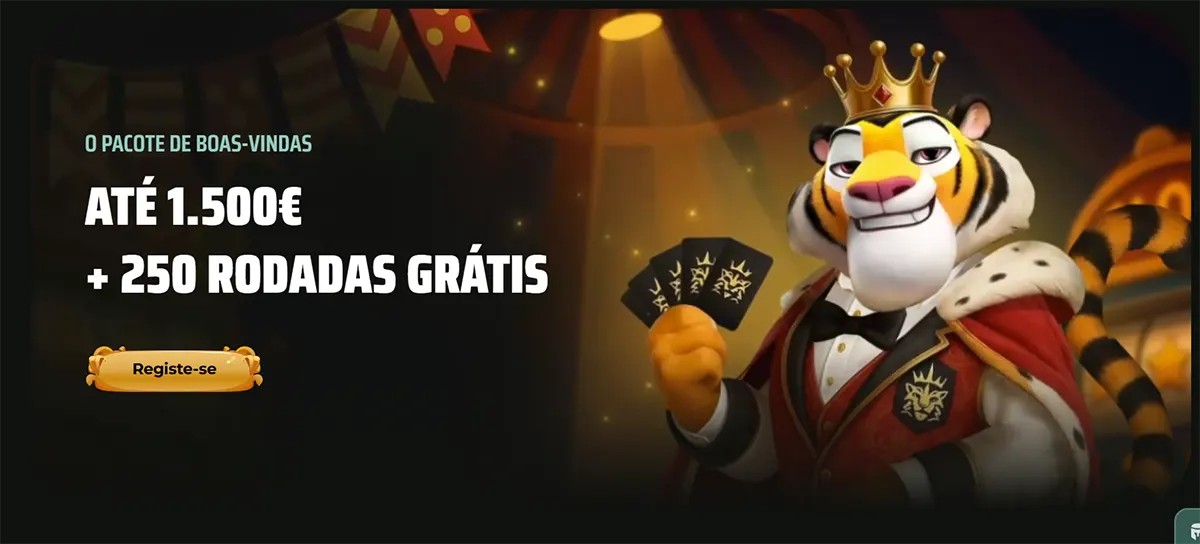 A Portuguese language banner for Royal Tiger casino featuring a crowned tiger mascot and a welcome package of up to 1.500€ plus 250 free spins.