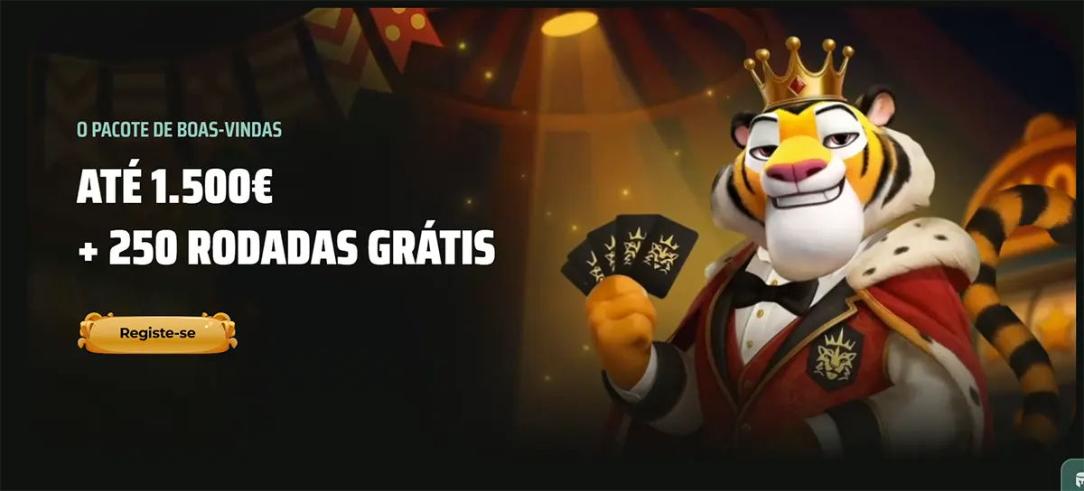 A Portuguese language banner for Royal Tiger casino featuring a crowned tiger mascot and a welcome package of up to 1.500€ plus 250 free spins.