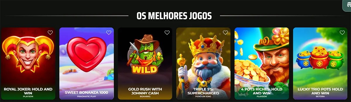 Portuguese selection of top online slot games under the heading "OS MELHORES JOGOS," featuring titles such as Royal Joker, Sweet Bonanza 1000, and Triple 5