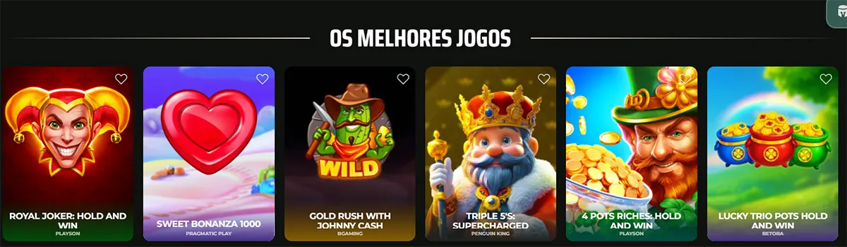 Portuguese selection of top online slot games under the heading "OS MELHORES JOGOS," featuring titles such as Royal Joker, Sweet Bonanza 1000, and Triple 5's: Supercharged.