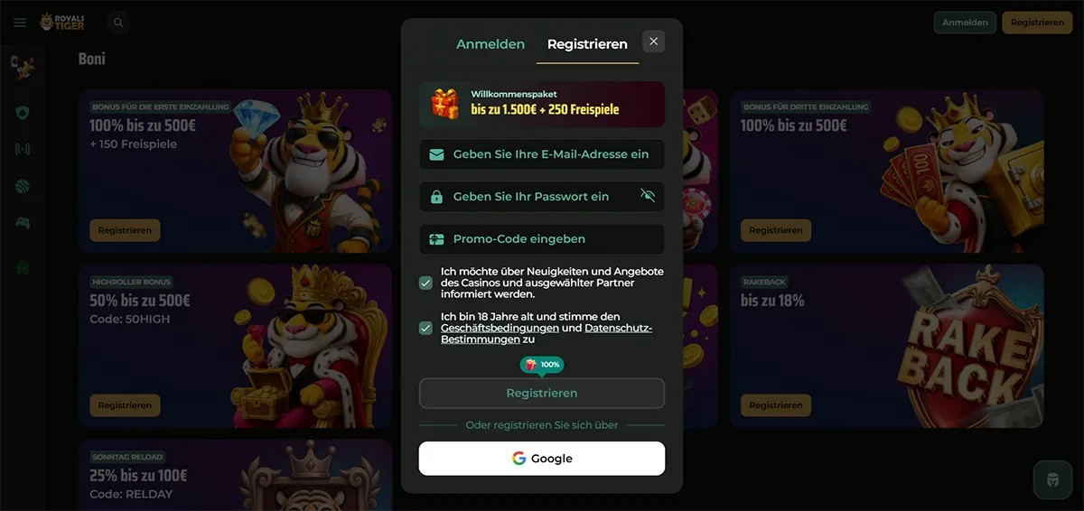 A German registration pop-up for Royal Tiger casino offering a welcome bonus of up to 1.500€ and 250 free spins over a background of various promotional deposit offers.