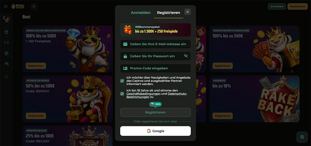 A German registration pop-up for Royal Tiger casino offering a welcome bonus of up to 1.500€ and 250 free spins over a background of various promotional deposit offers.