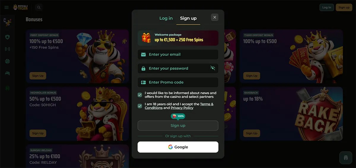 A registration pop-up for Royal Tiger casino showing a welcome package of up to €1,500 and 250 free spins over a grid of deposit bonus offers.