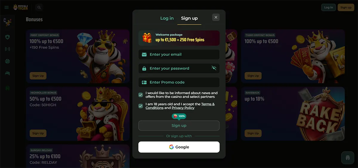 A registration pop-up for Royal Tiger casino showing a welcome package of up to €1,500 and 250 free spins over a grid of deposit bonus offers.
