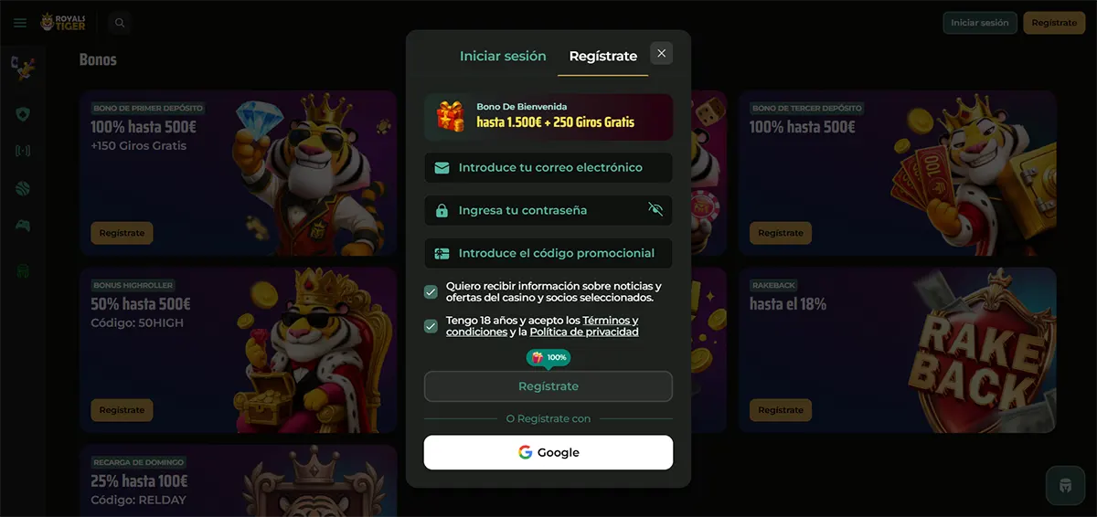 A Spanish registration pop-up for Royal Tiger casino offering a welcome bonus of up to 1.500€ and 250 free spins against a background of deposit promotions.