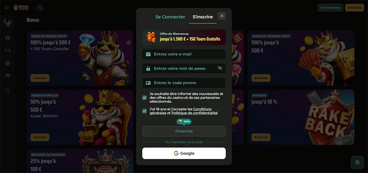 A French registration pop-up for Royal Tiger casino offering a welcome bonus of up to 1.500€ and 150 free spins over a background of various deposit promotions.