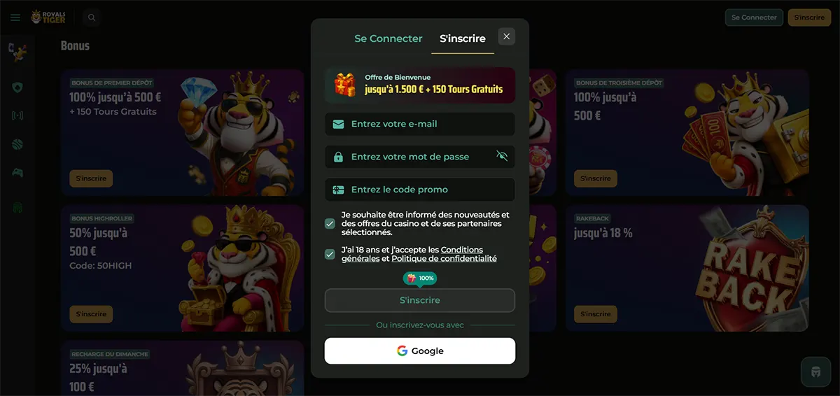 A French registration pop-up for Royal Tiger casino offering a welcome bonus of up to 1.500€ and 150 free spins over a background of various deposit promotions.