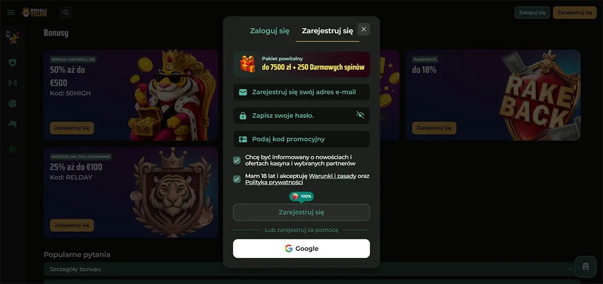 A Polish registration pop-up for Royal Tiger casino offering a welcome package of up to 7,500 zł and 250 free spins over a background of promotional bonus tiles.