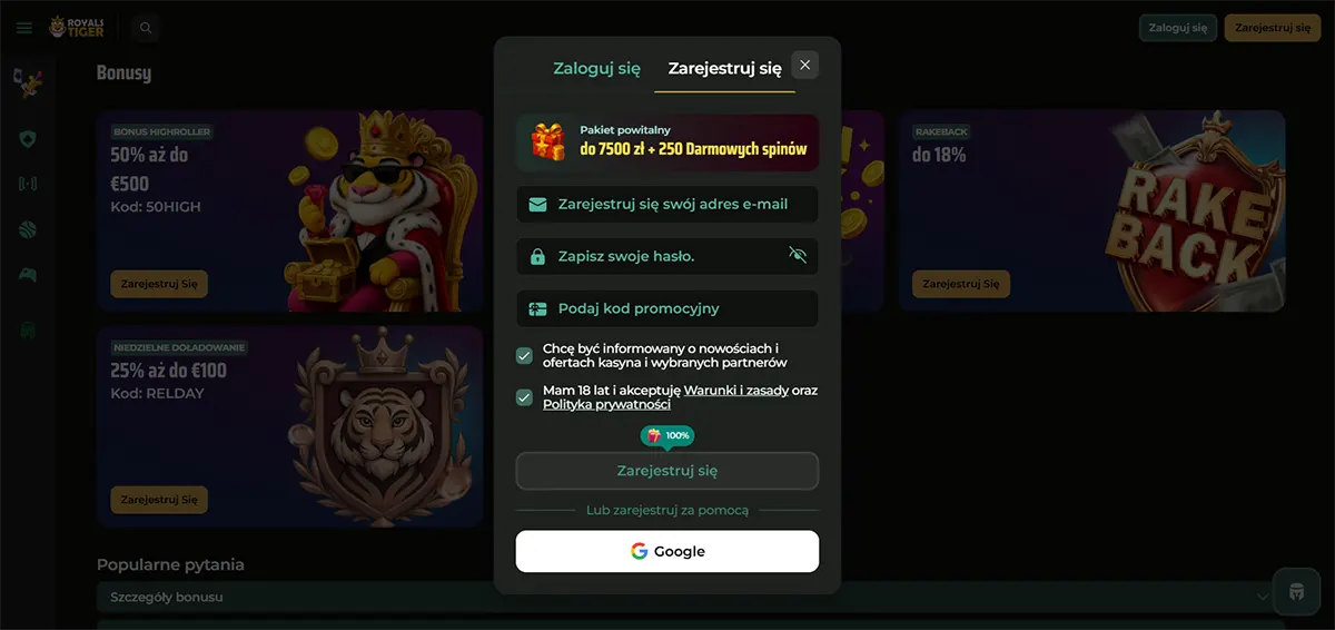 A Polish registration pop-up for Royal Tiger casino offering a welcome package of up to 7,500 zł and 250 free spins over a background of promotional bonus tiles.