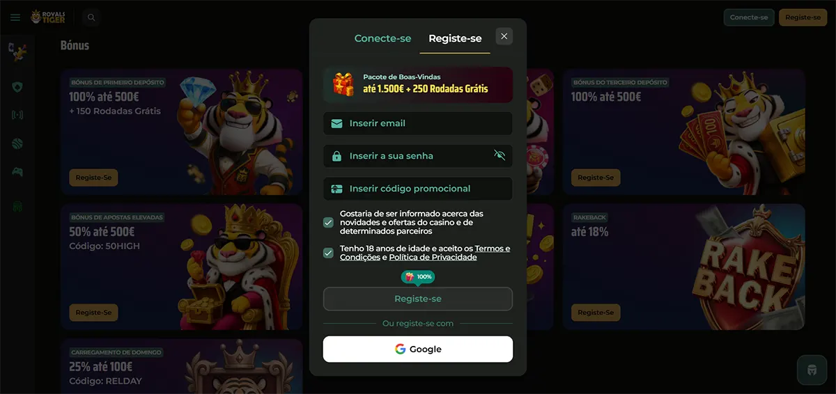 A Portuguese registration pop-up for Royal Tiger casino, offering a welcome package of up to 1.500€ and 250 free spins over a background showcasing various promotional deposit bonuses and rake-back offers.